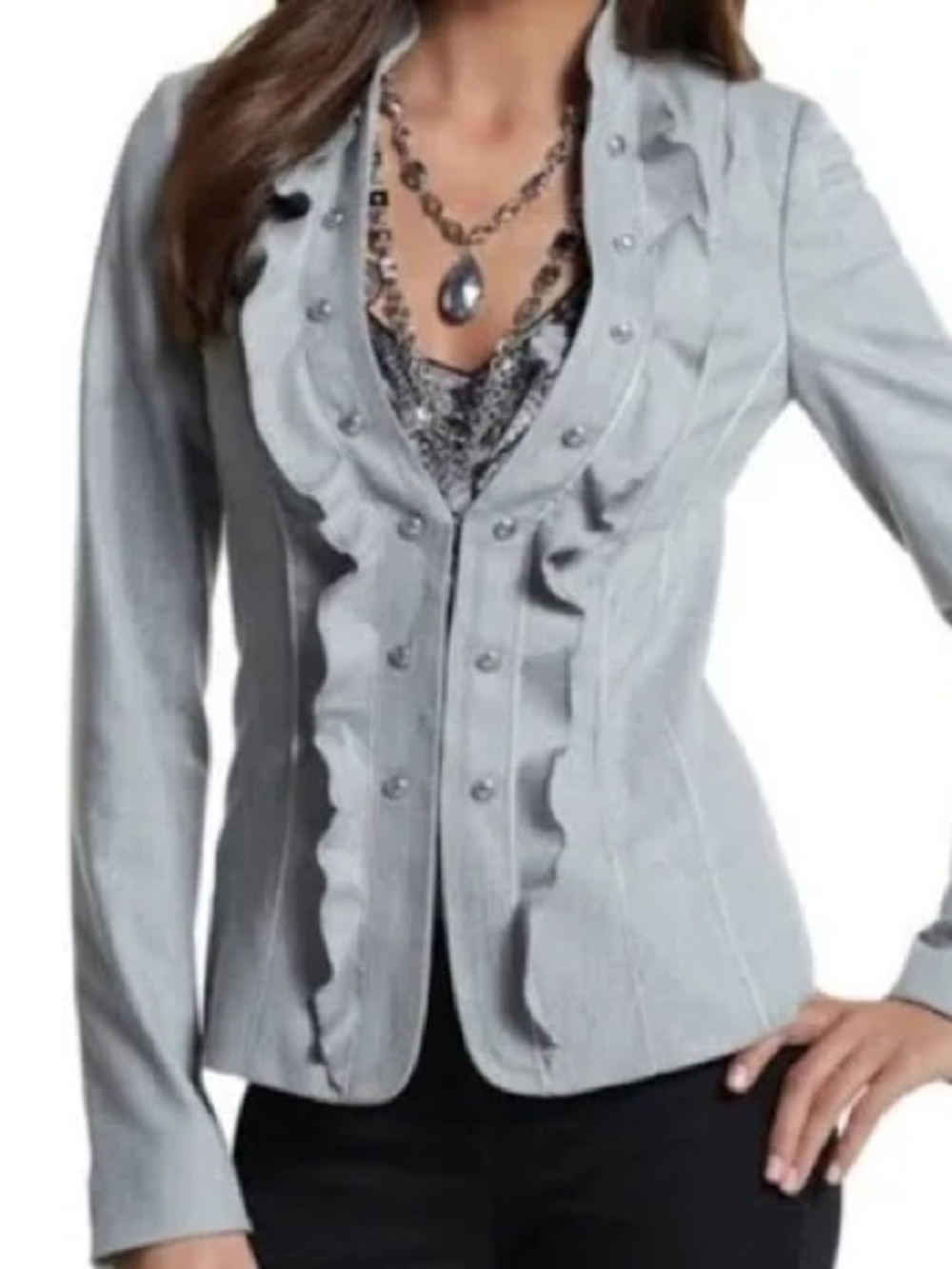 White House Black Market Gray Ruffle Herringbone Blazer Jacket Size 14
